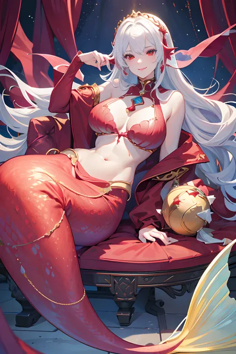 4K.hight resolution,One Woman,Red Mermaid,white hair,Longhaire,huge chest,starfish bra,jewel decorations,gold decoration,tiarra,under the water,Under the sea,Gorgeous light and shadows, villian smile, red palette, evil face