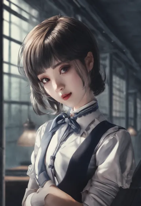 "The best quality, 4K, high-resolution, masterpiece:1.2), ultra-detailed, realistic, high definition, studio lighting, vivid colors, 80s Japan Female Student, black choker, horror movie, eerie atmosphere, dim lighting, chilling shadows, dark corridor, torn...