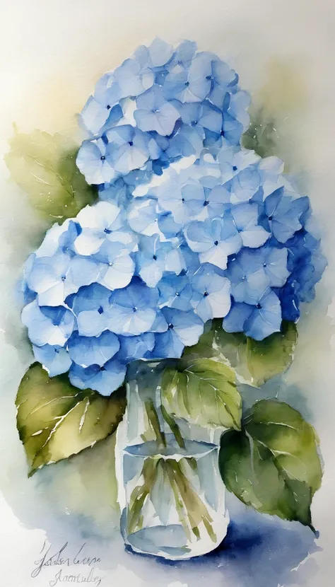 A small bouquet of 2 blue hydrangeas on a white background, in the center of the image