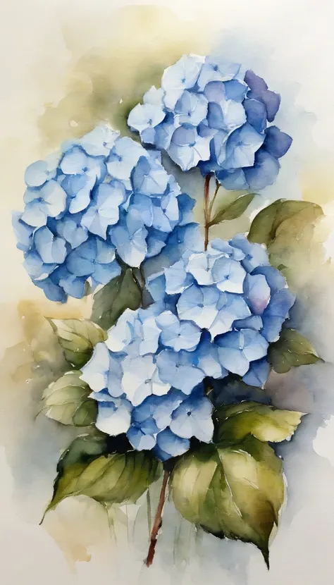 A small bouquet of 2 blue hydrangeas on a white background, in the center of the image