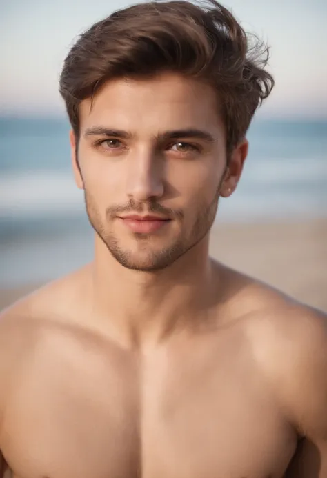 Um jovem masculino de vinte e poucos anos, barba curta, Darl cabelo castanho , light hazelnut eyes, Energia Masculina, Standing on the beach, usando roupas piratas rasgadas, DAMP BODY, parecendo sexy, numa piscina