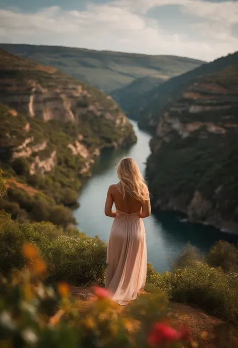 (A captivatingly beautiful girl:1.2), enchanting , perfect natural cleavage, from behind person, blonde washed out hair, picturesque Portugal landscape scenery."