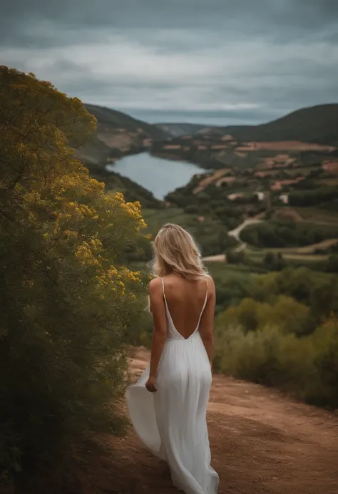 (A captivatingly beautiful girl:1.2), enchanting , perfect natural cleavage, from behind person, blonde washed out hair, picturesque Portugal landscape scenery."