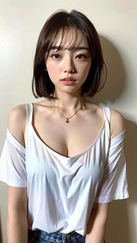 (top-quality、8k、32k、​masterpiece、UHD:1.2)、Photo of a cute Japanese woman、large full breasts、very short bobbed hair、The upper part of the body、sface focus、(oversized_shirts、:1.1)a necklace、simple background、looking at the viewers、Leaning forward、