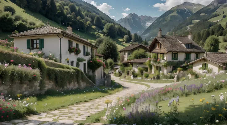 Peaceful and idyllic countryside, Rolling green hills dotted with grazing sheep, Charming villa，Set amidst vibrant flowers, Clear blue sky overhead, Evokes a sense of peace and simplicity, Valle encantador, switzerland, patches of green fields, lush countr...