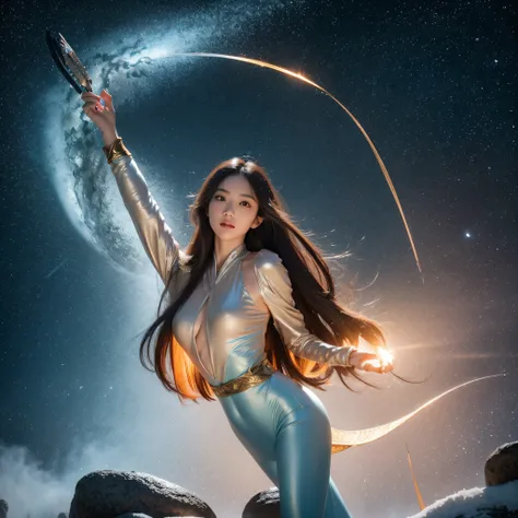 cinematic cgsociety，flying nine-tailed light blue sky division flame long-haired fox star，een erotica，torch night black golden o...