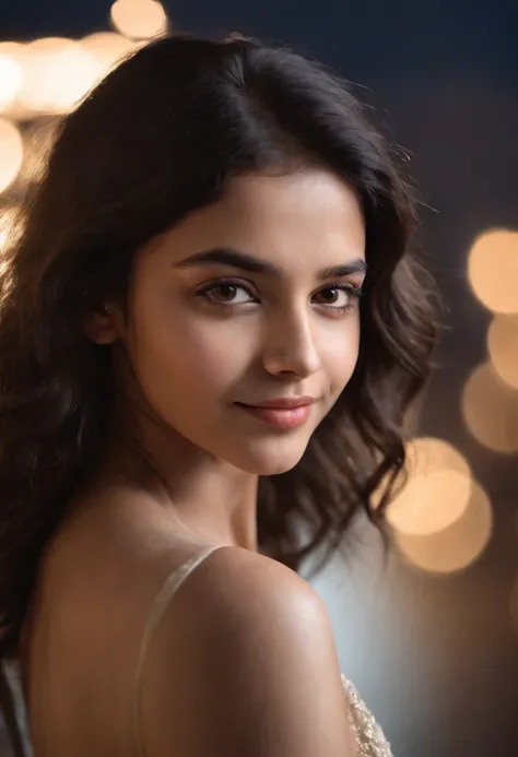 a Indian girl,night scene, close up photo of a sexy naked girl,18 years old, posing, look at a camera and smile, black curly hair, (brown  eyes:0.8), cute young face, 18 yo, soft volumetric lights, (backlit:1.3), (cinematic:1.3), intricate details, (ArtSta...