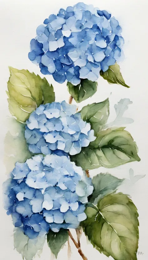 A small bouquet of 2 blue hydrangeas on a white background, in the center of the image