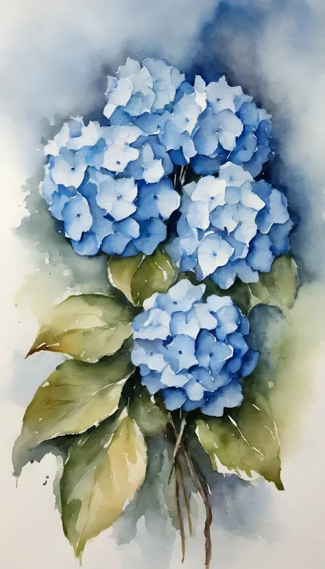 A small bouquet of 2 blue hydrangeas on a white background, in the center of the image