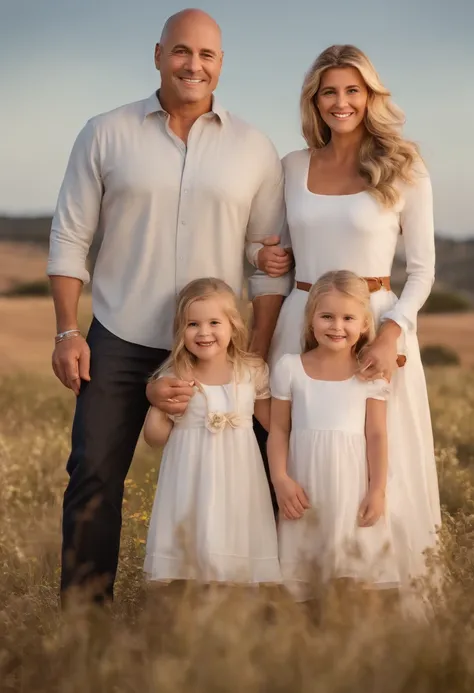 image of a father named Marcos, happy, 49 years old, thin, white skin, small black hair, frontal baldness, dark brown eyes; next to him, standing, his twin daughters, happy, holding hands, 5 years old; long blonde hair, light brown eyes, curly, full body; ...