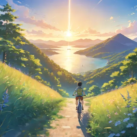 mountainous、by lake、Large space、high sky、suns、radiant light、Clear lake、bucolic、looking-down、ciclista mountain bike