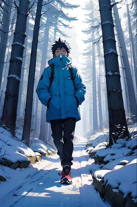 Guy walking through the forest in winter in anime style