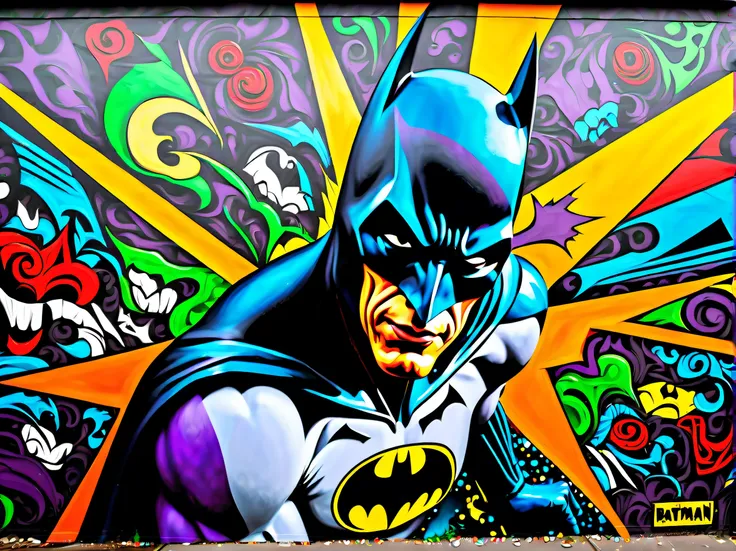 Immerse yourself in the colorful and chaotic world of street art as batman emerges from a Joker mural, stunning and intricate details, clash of two iconic comic book characters in a visually stunning and unique style, as Batman breaks through a Joker graff...