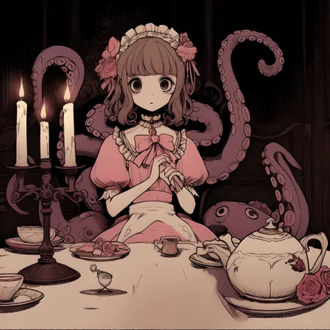 tentacle girl. dress with ruffles. tea party. inside a dark mansion. candle. rose flowers on a plate.