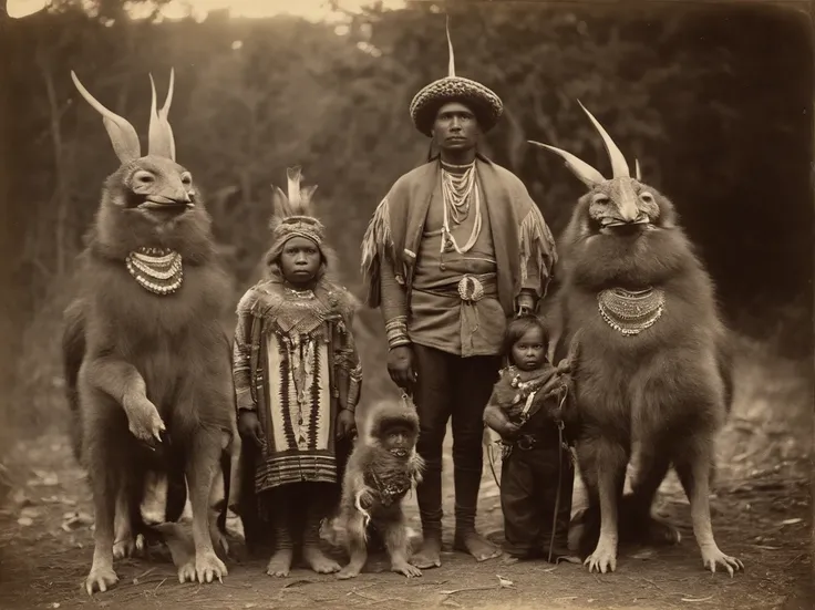 Full body, Tribal family wearing a carapace mask, Take photos with strange animals, Capture in black and white, Photos from the 1900s, Gelatin silver print, Add noise, Old Photo Effects