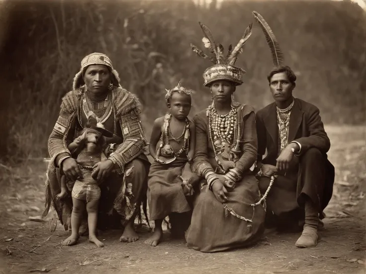 Full body, Tribal family wearing a carapace mask, Take photos with strange animals, Capture in black and white, Photos from the 1900s, Gelatin silver print, Add noise, Old Photo Effects