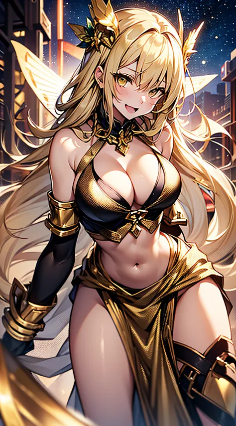 top-quality、Top image quality、​masterpiece、girl with((20yr old、Best Bust、big bast、Bust 85,beautiful golden eyes、Breasts wide open,Blonde long hair、A slender、Large valleys、Tank Tops、Cosmic dress、Gold Bikini、bending forward、Laugh、Proximity to the audience)）h...