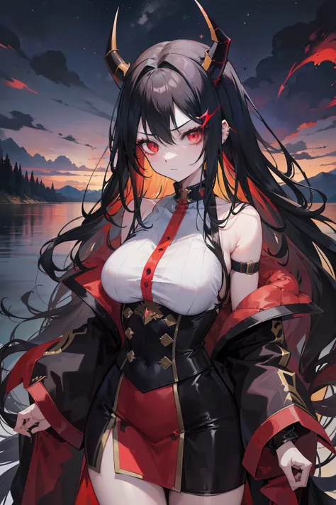 anime girl, long wavy black hair, tall and mature, scary and fierce expression, good anatomy, piercing red eyes, curved golden horns from her head, scary, spooky atmosphere, standing by a lake at night with mountains behind, dark sky, starry sky,, detailed...