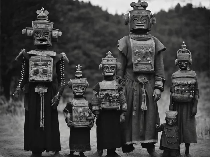 Full body, Tribal family wearing Jomon clay figurine masks, Take a photo with a strange old-style robot, Capture in black and white, Photos from the 1900s, Gelatin silver print, Add noise, Old Photo Effects