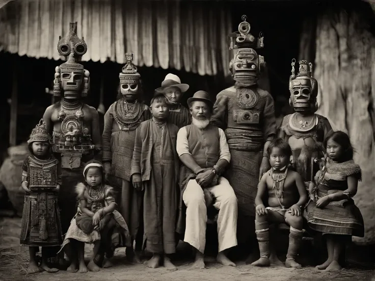 Full body, Tribal family wearing Jomon clay figurine masks, Take a photo with a strange old-style robot, Capture in black and white, Photos from the 1900s, Gelatin silver print, Add noise, Old Photo Effects