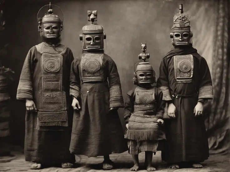 Full body, Tribal family wearing Jomon clay figurine masks, Take a photo with a strange old-style robot, Capture in black and white, Photos from the 1900s, Gelatin silver print, Add noise, Old Photo Effects