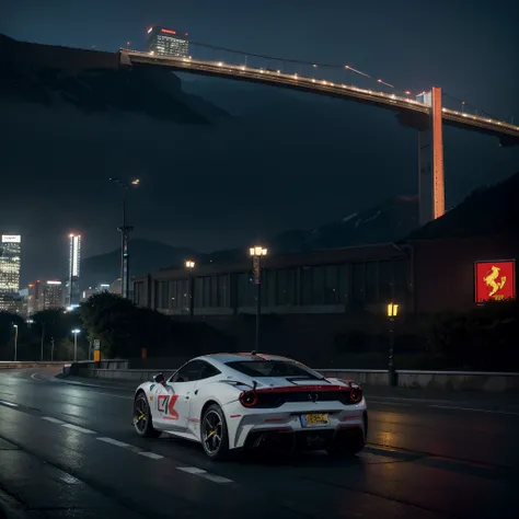 (Best quality, 8k, Masterpiece :1.2), hyper realistic, cyberpunk, at a mountain, an detailed red Ferrari 488, Speeding on the highway, (Facing the audience), The blue skyscraper in the background, at night,