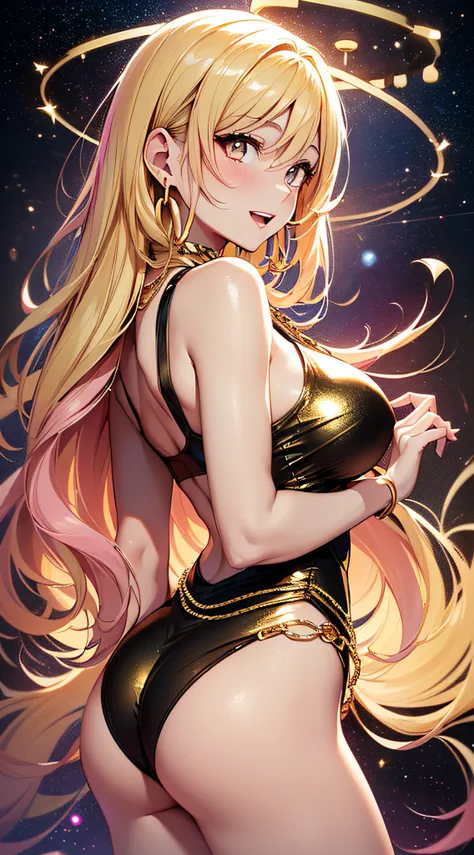 top-quality、Top image quality、​masterpiece、girl with((20yr old、Best Bust、big bast、Bust 85,beautiful golden eyes、Breasts wide open,Blonde long hair、A slender、Large valleys、Tank Tops、Cosmic dress、Gold Bikini、Rear view、Laugh、Close distance,Emphasize ass)）hiqu...