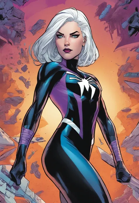 Marvel panel comic style, girl with white hair and purple, short hair, pale skin, blue eyes, sharp eyes, mole in her chin, wearing black spiderman suit, rounded face, no smiling,