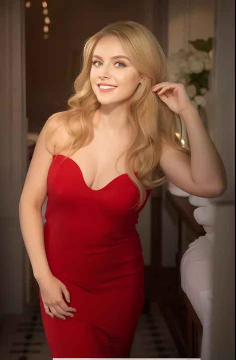 red long dress, sexy girl with green eyes, Portrait of Sophie Madd with white teeth, Portrait of de Corinne Kopf, blonde hair and large eyes, selfie of a young woman, Make-up without make-up, natural makeup, Look away from the camera, face with artgram, de...