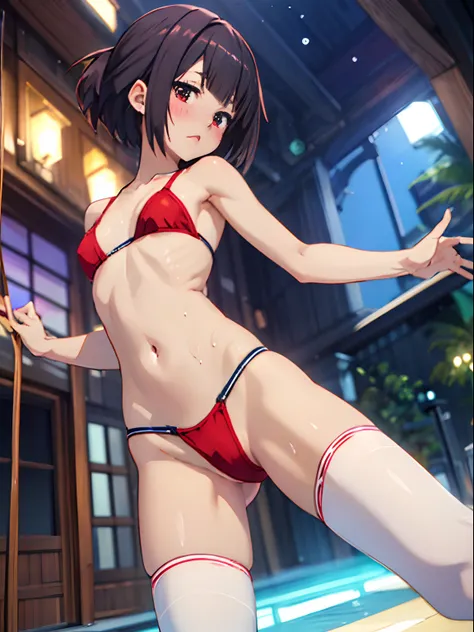 masterpiece, best quality, ultra-detailed, illustration, kawaii, detailed light, unhappy, proud, ahegao, blush, beautiful detailed body, detailed sparkling eyes, 1girl, naked,Cowboy shot, red super mini bikini, white sexy stockings, show tits, very short b...