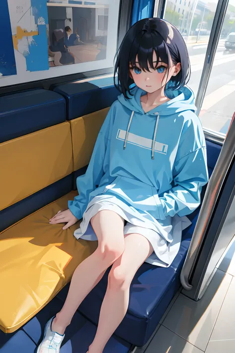 child，（​masterpiece，Highest Quality），Light blue hoodie with short sleeves，A dark-haired，Train