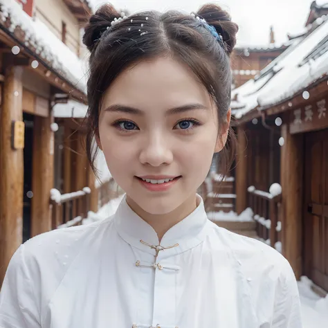 Chinese girl, cute, handsome face, neat buns, blue eyes, snow-white hair, natural beauty, purity, elegance, vitality, joyful smile, carefree spirit.