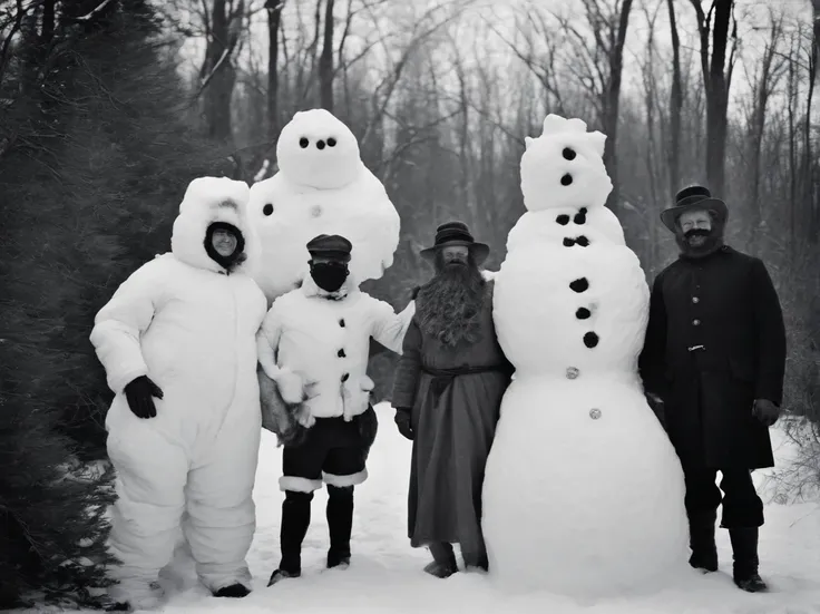 Full body, A tribe wearing a mask with a tardigrade motif, Take a photo with the huge, hairy snowman, Capture in black and white, Photos from the 1900s, Gelatin silver print, Add noise, Old Photo Effects