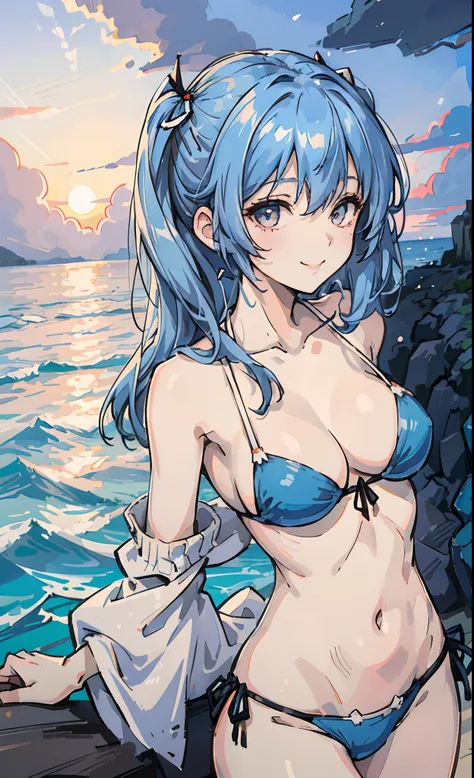 girl with, Ayanami, evangerion,Blue Hair Top Quality, Big Tits Bikini, the beach, kindly smile,  Dusk light,