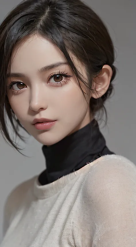 (masutepiece:1.3), (8K, Photorealistic, Raw photo, Best Quality: 1.4), (1girl in), Beautiful face, (Realistic face), (Black hair, Short hair:1.3), Nice hairstyle，Realistic eyes，Nice detail eyes，（Realistic skin），Beautiful skins，Lovely white turtleneck sweat...