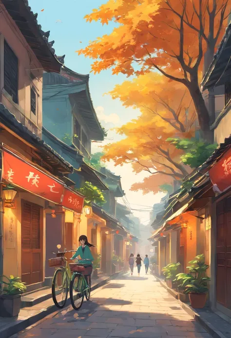 Draw the streets of Hanois Old Quarter, Traditional houses and small alleys. Banyan trees are planted along the street, alternating red and green leaves,. The banyan tree is green, yellow, And orange leaves, Add a vibrant touch to your landscape. Hanoi peo...