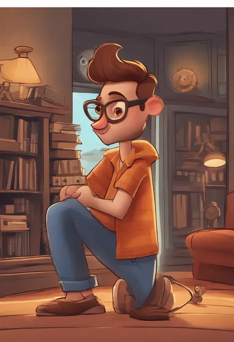 um homem, em breve, barba curta, olhos castanhos, com fones de ouvido, A music studio in the background, Imagem no estilo Pixar, Estilo de filme animado 3D, Disney, camiseta preta