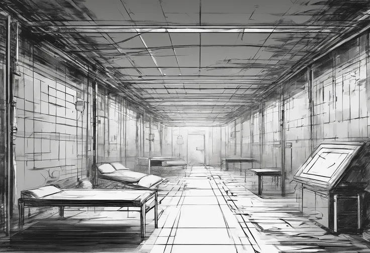 Liminal space in the style of Kentaro Miura, black and white, bleak, Modern Prison cell, empty, scary, dark, intricate linework