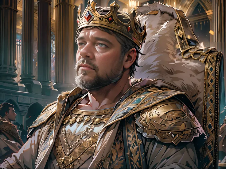 Coronation as king, Russell Crowe（Russell Ella Crowe）played by General Maximus（cinematic ligh：gladiator），Coronation as king，Short dark brown hair，Small waves，Crown on head，Wearing the emperors robes with delicate muscle definitions, Realistic depiction, 4K...