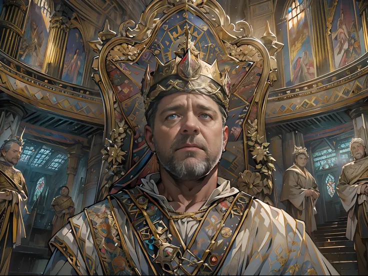 Coronation as king, Russell Crowe（Russell Ella Crowe）played by General Maximus（cinematic ligh：gladiator），Coronation as king，Short dark brown hair，Small waves，Crown on head，Wearing the emperors robes with delicate muscle definitions, Realistic depiction, 4K...