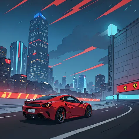 (Best quality, 8k, Masterpiece :1.2), hyper realistic, cyberpunk, at a mountain, an detailed red Ferrari 488, Speeding on the highway, (Facing the audience), The blue skyscraper in the background, at night,