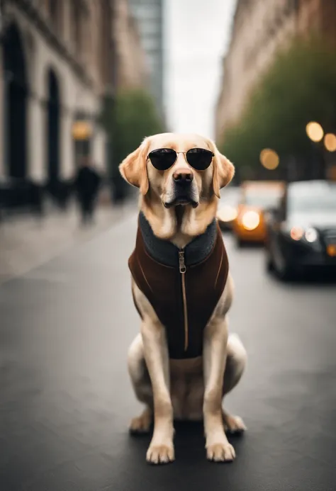 A Labrador dog dressed in a stylish jacket and sunglasses, standing on its hind legs. The background is a bustling city street, giving a sense of urban chic. The image style is modern and sophisticated, with a 4:5 aspect ratio.