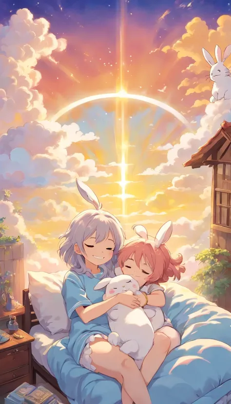 heal，Reject EMO，Very happy，Very happy，Face life with a smile，rays of sunshine，long whitr hair，Cloud pajamas，Lovely cloud pillows，Bunny pillow