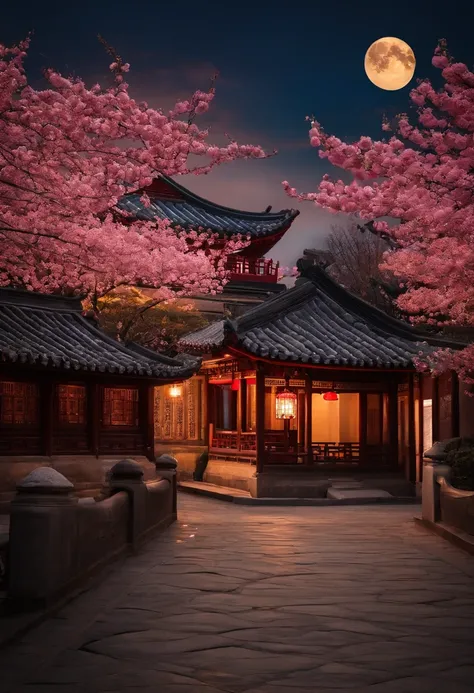 Ancient Chinese buildings on both sides of the road，The buildings are staggered，the night，There is a full moon in the sky，There are cherry blossom trees，full of lights，Extremely aesthetically pleasing，Vivid colors，Ultra-premium image quality，Sharp zoom，8k