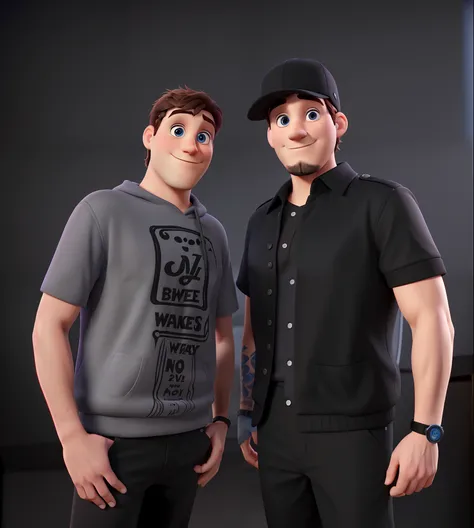 two white man with dark eyes disney pixar style, being rock band musicians, high quality, best quality, live show background