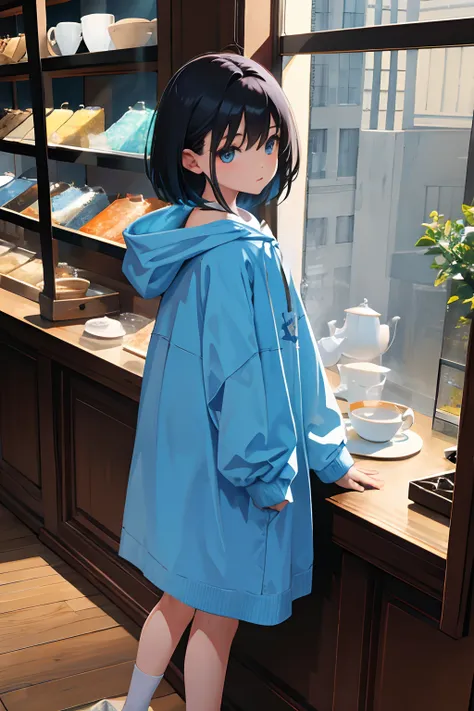 child，（​masterpiece，Highest Quality），Light blue hoodie with short sleeves，A dark-haired，tea shop