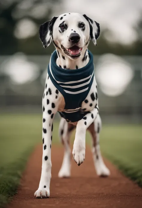 A Dalmatian dog dressed in trendy sportswear and wearing a sports cap, walking on its hind legs on a sports field. The image style is energetic and sporty, with a 4:5 aspect ratio.