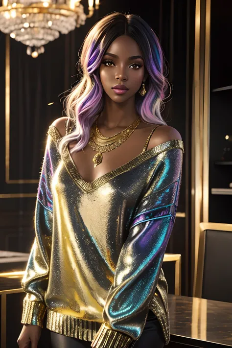 Watercolor and metallic touches, by ebony, beautiful and powerful, with iridescent gold glitter sweater. Between disco lights