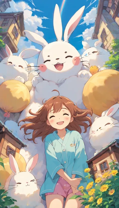 heal，Reject EMO，Very happy，Very happy，Face life with a smile，rays of sunshine，long whitr hair，Cloud pajamas，Lovely cloud pillows，Bunny pillows