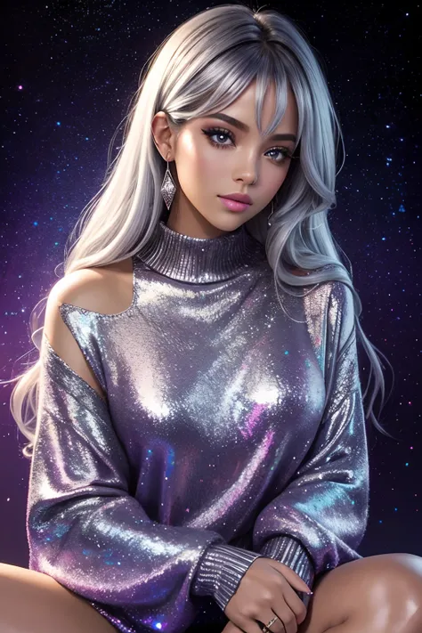 Watercolor and metallic touches, by ebony, beautiful and powerful, with iridescent silver glitter sweater. Between disco lights